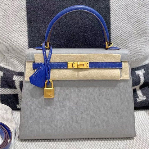 Kelly 25 Sellier Gris Mouette/Blue Electric Epsom