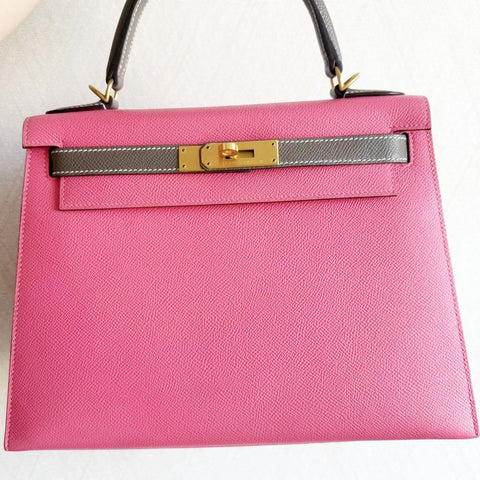 Kelly 28 Sellier Rose Azalee/Etoupe Epsom