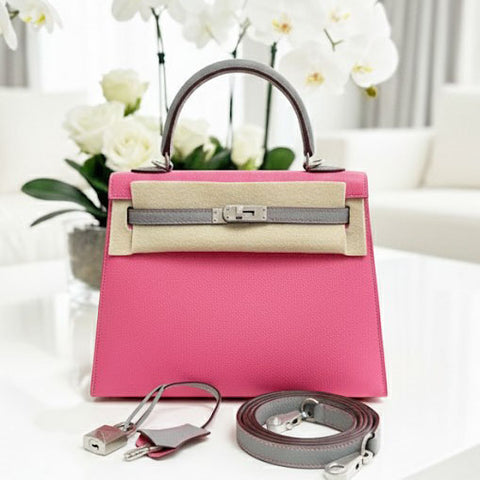Kelly 25 Sellier Rose Azalee/Gris Mouette Epsom