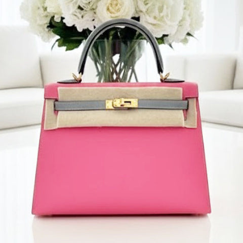 Kelly 25 Sellier Rose Azalee/Gris Mouette Epsom