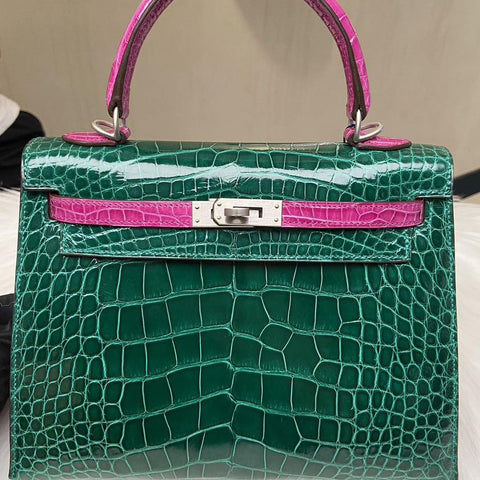 Kelly 25 Sellier Vert Emerald/Rose Scheherazade Shiny Alligator