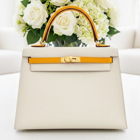 Kelly 25 Sellier Craie/Jaune d'Or Epsom