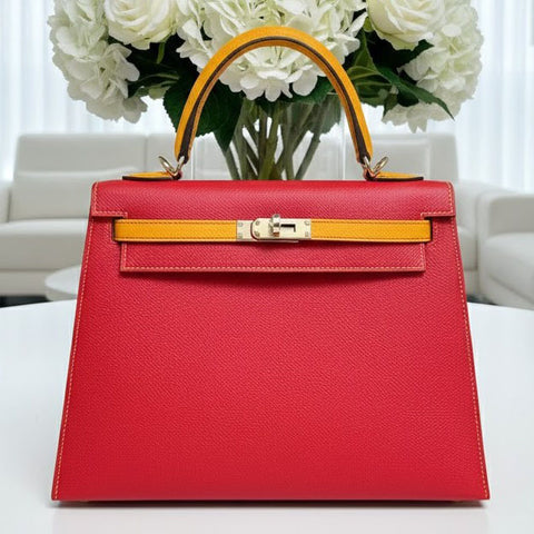 Kelly 25 Sellier Rouge Casaque/Jaune d'Or Epsom