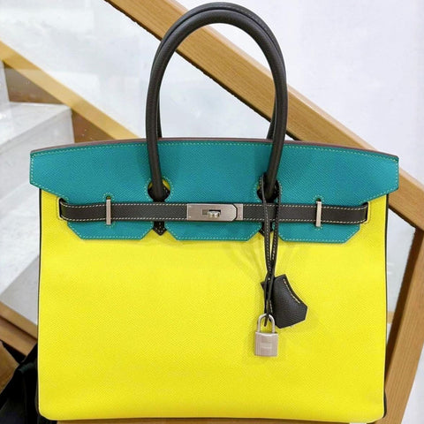 Birkin 35 Lime/Graphite/Blue Paon Epsom
