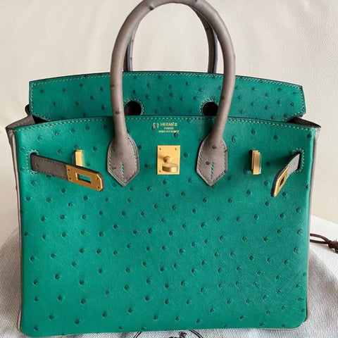 Birkin 25 Vert Vertigo/Gris Tourterelle Ostrich