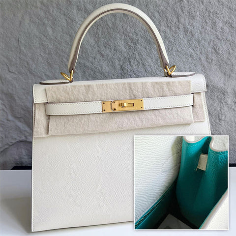 Kelly 28 Sellier Craie/Blue Paon Epsom