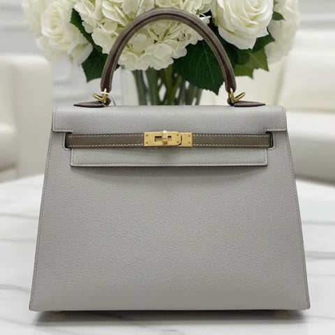 Kelly 25 Sellier Gris Perle/Etoupe Chevre