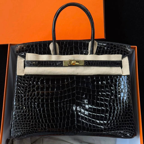 Birkin 35 Black Shiny Porosus