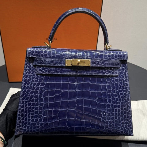 Kelly 28 Sellier Blue Encre Shiny Alligator
