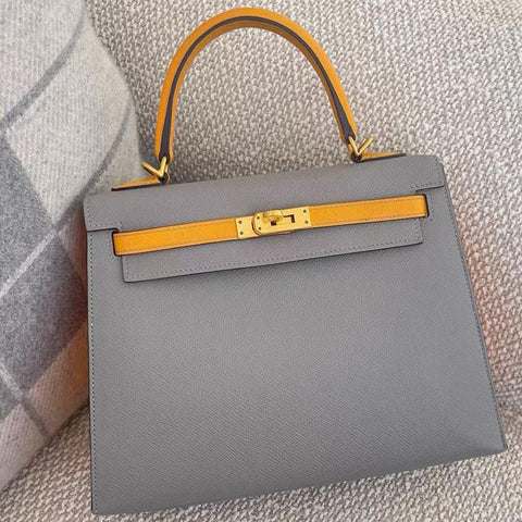 Kelly 25 Sellier Gris Asphalt/Jaune d'Or Epsom