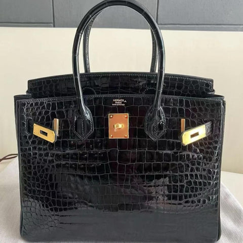 Birkin 30 Black Shiny Porosus